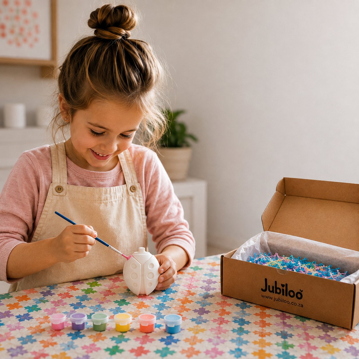 A child painting a plaster ladybird next to an open Jubiloo activity kit box